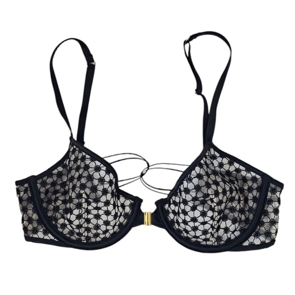 Victoria's Secret Unlined Demi Bra, Sheer, Front Close, Strappy Back, Size 32C